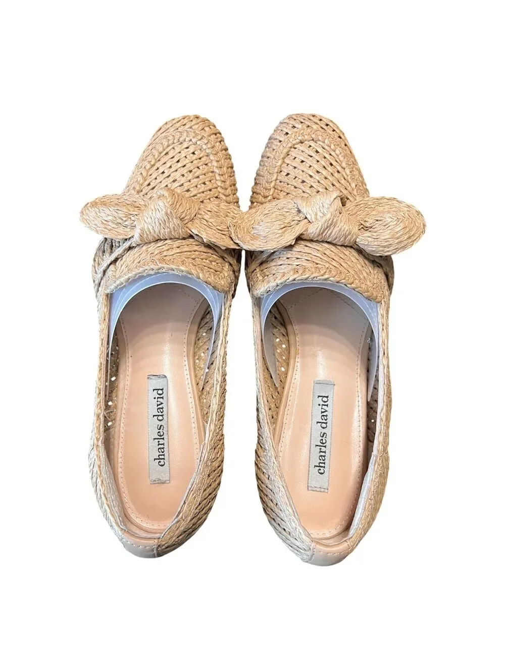 Charles David Finite Natural Woven Raffia Loafer Flats Almond Toe Bow Detail 9M